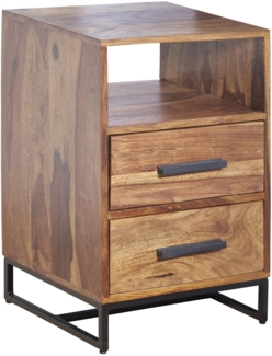 Nachttisch Sheesham Massivholz / Metall 40 x 35 x 66 cm Nachtschrank Boxspringbett, Design Nachtkonsole mit 2 Schubladen, Nachtkommode Industrial mit Stauraum