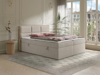Vente-unique - Deko-Komplett-Set mit Kopfteil mit Holzrahmen + Bettgestell mit Bettkasten + Matratze + Topper - 180x200 cm - Stoff - Beige - SIAKI von YSMÉE