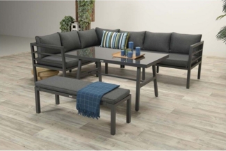 Garden Impressions Gartenlounge-Set Lakes Alu Eck Lounge Dining Gartenmöbelset, (komplett Set, 3-tlg, Ecklounge + Tisch in Dininghöhe + 2er Bank), pflegeleicht / wetterfest / mit Esstisch