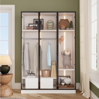 HT Eckkleiderschrank 3 Glastüren, 1 Schublade,1 Kleiderstange 10x50x160 cm mit LED-Licht (Spar-Set, Einstellbares RGB-LED-Lichtsystem) Turen aus gehartetem Glas klareSicht ausgestellten Gegenstäande
