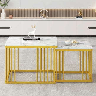 Couchtisch-Set, MDF mit Hochglanz-Marmoroptik, 60 x 60 x 45 cm & 45 x 45 x 40 cm, weiß