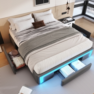 Merax Polsterbett 160x200cm ohne Kopfteil, Doppelbett Jugendbett mit Schubladen und Led, Stauraumbett, Grau