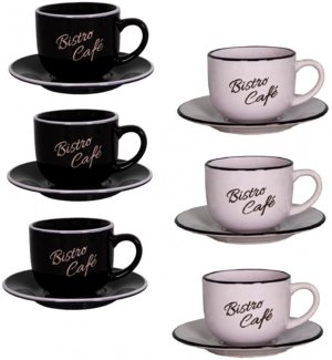 6er Set Schwarz / Weiss Kaffeetassen m. Unterteller 200ml Antic Line 17182+17183