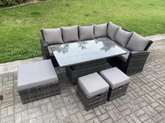Fimous 9-Sitzer Hoher Rücken höhenverstellbarer Tisch Ecksofa Set Gartenmöbel Fußhockern Dunkelgrau Gemischt