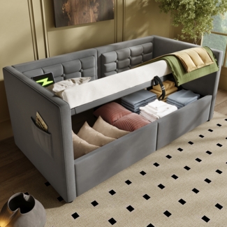 Merax Daybett Hydraulisches Polsterbett 90x190cm mit USB & Type C, Schlafsofa Tagesbett mit Ablagefächer, Einzelbett Jugendbett, Samt, Grau