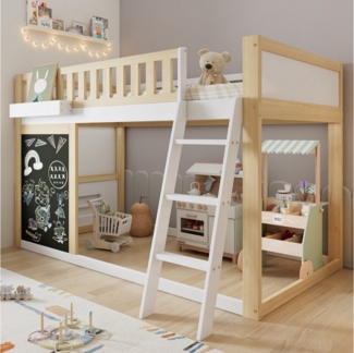 Flieks Etagenbett, Kinderbett Hochbett 90x200cm mit Tafel, Aufbewahrungsbox, Schrägleiter