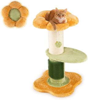 69 cm Blumen Katzenbaum mit Gepolstertem Plüsch-Sitzplatz Kleiner Kletterbaum Kratzbaum Gelb