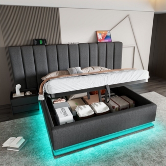 Ulife Polsterbett Doppelbett Stauraumbett mit App Control LED und USB-C Ladefunktion (Ohne Matratze), 180x200 cm