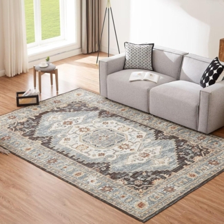 Brauner Waschbarer Teppich 200x290CM Vintage Boho Kurzflor Rutschfester