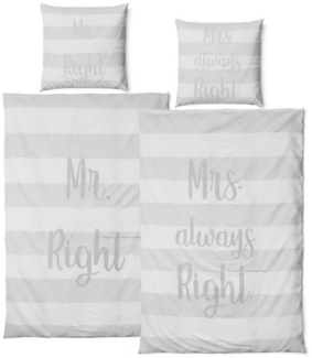 JACK Bettwäsche 4 tlg Satin Bettwäsche Partnerbettwäsche Mr. Right + Mrs. always Right, Satin, 4 teilig, Modernes Design, Kuschelbettwäsche, Silber / Grau / Weiß