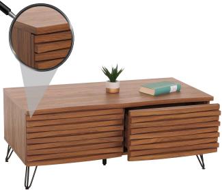 Couchtisch HWC-M49, Wohnzimmertisch Tisch, 3D-Design 2 Schubladen Massiv-Holz Mango Metall 46x110x55cm ~ Walnuss-Optik