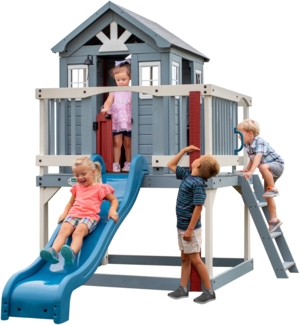 Backyard Discovery Spielhaus Beacon Heights mit blauer Rutsche, Sandkasten & Veranda Stelzenhaus in Blau & Weiß aus Holz für Kinder | Blau, Weiß | Holz | 310 cm