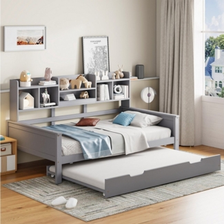 HAUSS SPOLE Schlafsofa 90x200cm mit Ausziehbett 90x190cm, mit Staufach und Lattenrost, Grau, mit Ausziehbett 90x190cm, Stauraum & Lattenrost – Massivholz Kiefer, Perfekt für Gästezimmer & kleine Wohnungen, 90x200 cm