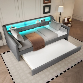 Ulife Daybett Schlafsofa Tagesbett Einzelbett mit ausziehbarem Bett, Ambientelicht mit Fernbedienung, USB-Ladebuchse, 90x200 cm
