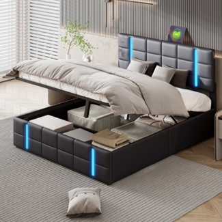 FUROKOY Stauraumbett Polsterbett Doppelbett mit LED-Beleuchtung Kopfteil (Bettgestell mit Metallrahmen und Lattenrost), Hydraulisches Funktionsbett, ohne Matratze, PU, Schwarz, 140x200 cm