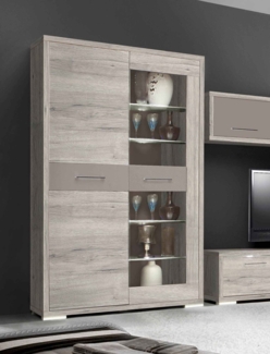 Vitrine Standvitrine Vitrinenschrank 107,5cm inkl. Beleuchtung Sandeiche Cacoa Basalt