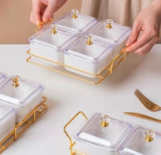 4-Teilig Knabber Schalenset Fächer mit Deckel und Ständer Cerezlik Knabberschale aus Porzellan für Süßigkeiten, Dips, Nüsse, Chips