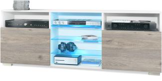 TV-Board Granada, Lowboard mit 2 Türen und 6 offenen Fächern, Korpus Weiß matt, Fronten in Eiche Nordic mit RGB LED-Beleuchtung (146 x 54 x 35 cm)