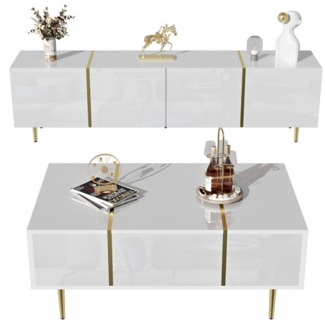 Gotagee Wohnzimmer-Set TV-Schrank und Couchtisch Set Hochglanz goldenen Akzenten