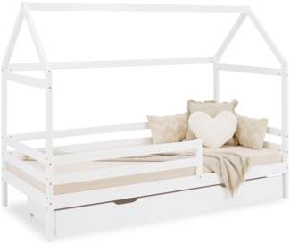 Kinderbett mit Bettkasten Hausbett 90x200 cm Holz Weiß Rausfallschutz Bett Bettenhaus Lattenrost