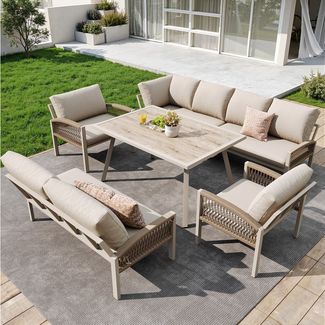 Flieks Gartenlounge-Set, 8-Sitzer L-förmiges Gartenmöbel-Set Sitzgruppe Holzoptik-Glasplatte