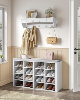Garderobe mit Sitzbank, Schuhbank mit Sitzfläche, Eingangsbank, Wandgarderobe mit 9 Haken, 16 Fächer, für Wohnzimmer, Flur, 30 x 104 x 59 cm, Weiß-Grau