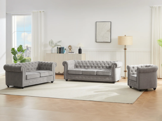 Vente-unique - Sofa 3-Sitzer & 2-Sitzer & Sessel - Stoff - Grau - CHESTERFIELD