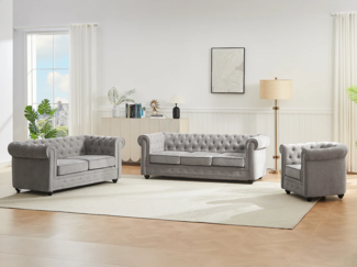 Vente-unique - Sofa 3-Sitzer & 2-Sitzer & Sessel - Stoff - Grau - CHESTERFIELD