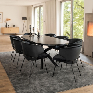 HOME DELUXE Essgruppe Oval Ausziehbar inkl. Sternfuß - 160 x 100 cm Dark Oak 8 Stühle Schwarz