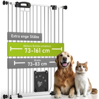 BOMI Türschutzgitter Tierschutzgitter Merle für Hunde 73–161 cm mit Tür, Katzenklappe (ohne Bohren, Verschraubbar, individuell), Tierschutzgitter ohne Bohren – Absperrgitter Tier extra enge Streben