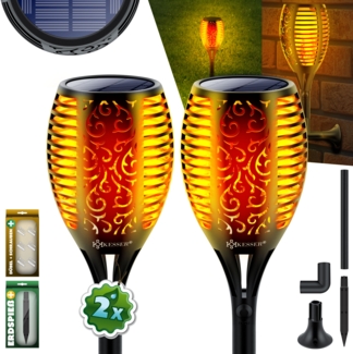 KESSER® Gartenfackel Solar Set Solarleuchten Flamme mit Wandhalterung + Erdspieß Licht-Sensor Wetterfest Garten Solarleuchte Fackel Lichter LED Gartenlampe Solarlampe Flammenlicht 2er Set, 96 LED´s