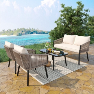 MC Star Gartenlounge-Set 4-teiliges Garten-Loungesessel-Set, 2-Sitzer-Sofa, 2 Einzelsofas, (Couchtisch, Glasplatte, schlichtes Design, verzinkter Stahl, Beige)