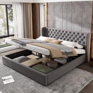REDOM Polsterbett Doppelbett Bett Stauraumbett Jugendbett gepolsteres Bettgestell (Massivholz Untergestell mit Hydraulisch anhebbarer Bettstauraum, Samt Bezug Funktionsbett mIt Staufächer 180x200 cm mit Matratze), mit weichem Kopfteil Schaum-Polsterung...