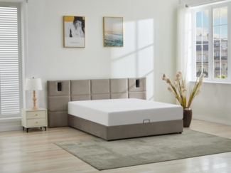 Vente-unique - Bett mit Bettkasten mit Kopfteil & integrierter Lampe - 180 x 200 cm - Samt - Taupe - SARETO