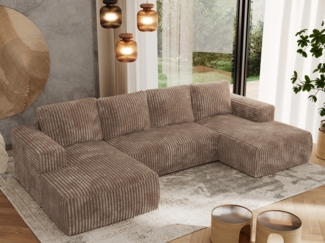 U-förmiges Ecksofa mit Schlaffunktion, Bettkasten und losen Kissen, zwei Armlehnen - TRENTINO U - Braun Cord