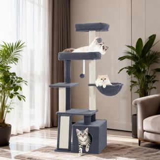 Kratzbaum, 144 cm Katzenbaum, Mehrstöckiger Katzenturm mit Kratzbrett, 4 Sisalstangen, Gemütlicher Katzenhaus, 2 Plattformen, Hängematte, Pompons, Ruheplatz, Dunkelgrau