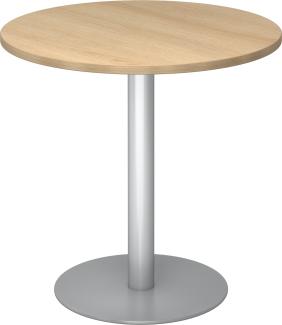 bümö Besprechungstisch, Esstisch klein, Tisch rund 80 cm - kleiner Esstisch Eiche, Rundtisch Esstisch 2 Personen mit Holz-Platte, Säule aus Metall in silber, Konferenztisch, Bistrotisch, STF08-E-S