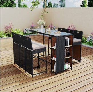 Flieks Gartenbar-Set, 6-Sitzer Rattan Garten-Essgruppe mit Seitenablage und Glas Tischplatte