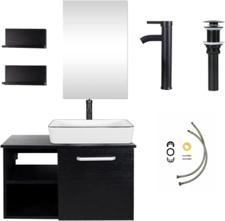 Puluomis Badmöbel-Set mit Spiegel, Badezimmerschrank mit 2 Regale ohne/mit Waschbecken Set, (Unterschrank, Badschrank aus MDF, Gäste WC Wasserhahn Ablaufgarnitur)