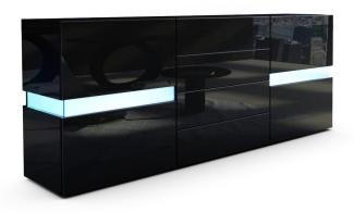 Vladon Sideboard Flow, Schwarz Hochglanz/Schwarz Hochglanz inkl. LED - Moderne Kommode mit Ambient Light Verglasung für Ihr Wohnbereich (177 x 75 x 39 cm)