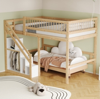 Flieks Hochbett Massivholz Doppelbett Kinderbett 140x200cm mit Stauraumtreppe