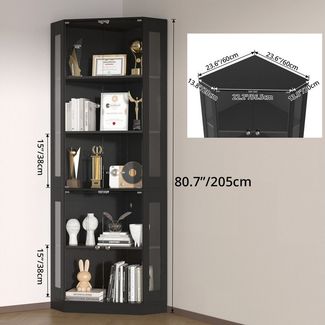VOWNER Eckschrank 205 cm Beleuchtete Vitrine mit Glastüren, 5-stöckiges Eckregal (1-St) mit 3 Farblichtern & Bewegungssensor für Sammlerstücke, Bücher