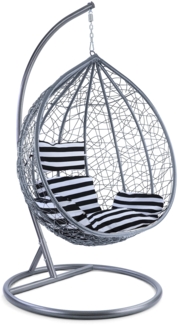 Luxus Hängesessel Miami XL Rattan Korb Grau Gestell silber Kissen Schwarz Weiss