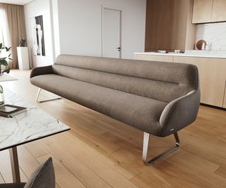 Esszimmerbank Taya-Flex 300 cm Strukturstoff Soft Taupe Kufengestell flach Edelstahl Taschenfederkern