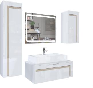 Badmöbel Komplettset Aloha V2, Korpus in Weiß matt / Fronten in Weiß Hochglanz mit Absetzungen in Sandgrau Hochglanz, mit Aufsatzwaschbecken, Armatur (M1) und LED Spiegel