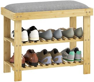 HOMCOM Schuhbank mit Stauraum, 2 offene Fächer (Schuhregal aus Bambus, 1-St, Schuhbank mit Sitzfläche), für Wohnzimmer, Flur, Grau+Naturholz