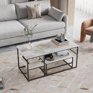 Furnishings Home Couchtisch Rechteck Satztisch Beistelltisch stapelbarer Sofatisch (2-St, Ideal für Wohnzimmer & Büro, Platzsparendes stapelbares Design), Mit Marmormuster Tischplatte, 105 x 52 x 48.5 cm + 60 x 45 x 28 cm