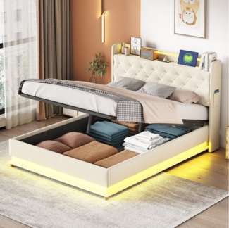 BlingBin Polsterbett Funktionsbett Stauraumbett (1er Set, 1-tlg, Mit farbwechselnden Lichtern und USB-Steckdose, Leinenstoff, 140*200cm), Doppelbett Mit Hydraulischem Stauraum, Handytasche, Multifunktionales