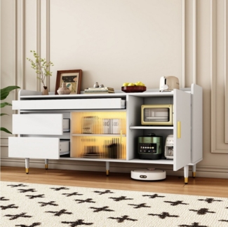 Flieks Sideboard mit Glasschiebetüren und LED-Beleuchtung (1 St, B140/D38/H76 cm), Kommode mit 3 Schubladen Küchenschrank Weiß
