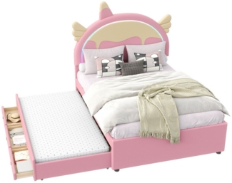 Ulife Polsterbett Einhornform Kinderbett Familienbett mit ausziehbarem Rollenbett (1-tlg, Ohne Matratze), Led-Licht, 140*200cm, Rosa